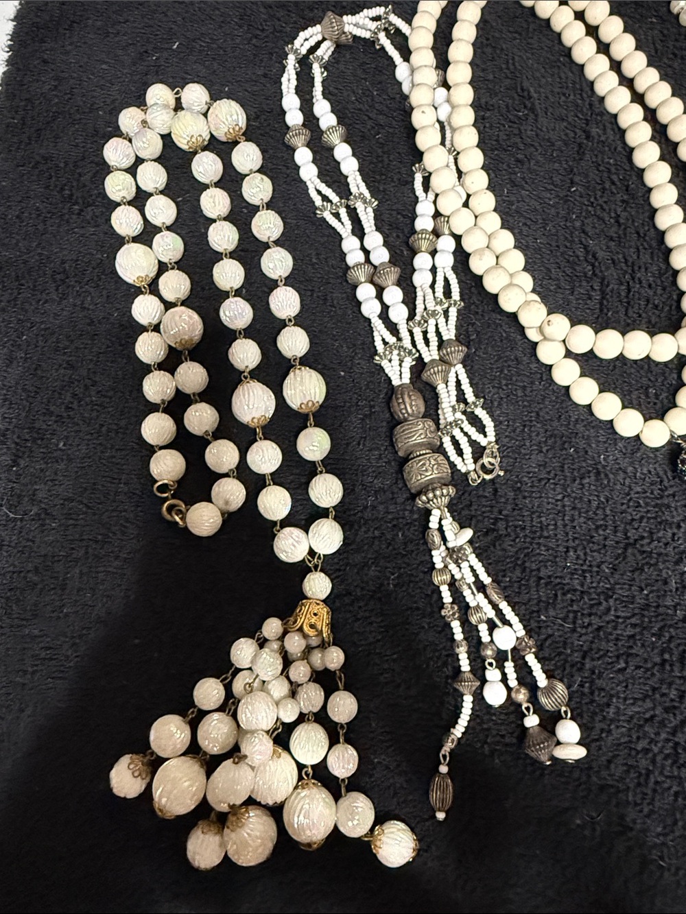 White Beaded Statement Necklace Lot with Tassels